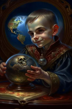 book cover illustration, oil painting portrait of metallic sleeping slightly cute smirking vampire holding small earth on a platter, bokeh , high detail, smooth render, prize winning, down light, depth of field