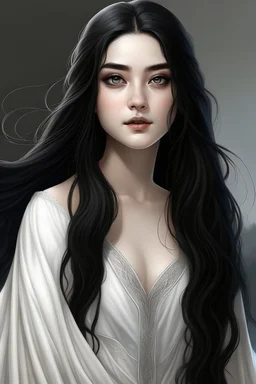 a 16 year old woman, white skin, long wawy black hair, beautiful round face, black eyes, in a white dress, realistic epic fantasy style