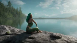 woman sitting on a rock, in a lake, green mottled skin, green hair, blue sky, white clouds