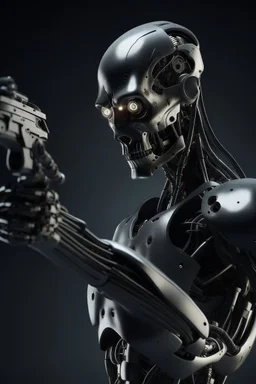 a scary cyborg with a gun searching for humans looking right and is far away