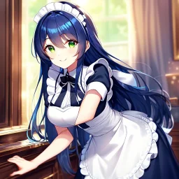 girl, masterpiece, best quality, volumetric lighting, detailed outfit, perfect eyes, dark blue hair, green eyes, long hair, maid, indoors, smile, leaning forward,