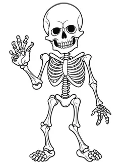 outline art for halloween coloring pages for kids with cartoon cute happy skeleton , white background, Sketch style, full body, only use outline, clean line art, white background, no shadows and clear and well outlined, coloring page for kids, kawaii style