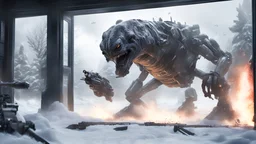 TALL NASTY ALIEN CREATURE HALF machine smashing its way into through a window, british soldiers inside fire gatling guns at the creature , snow outside , PHOTO REALISTIC, EPIC, CINEMATIC