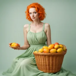 A beautiful young woman with orange hair sitting in a light green dress with a basket full of mangoes. All on a light background that can be easily removed.