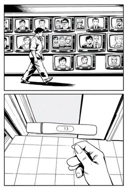 uncolored comic book page: top panel(ban walking past a display of televisions on which a bulletin of wanted criminals mugshots appears), bottom panel(pov a woman's hand holding a pregnancy test that shows a positive result, tile floor below), panels divided at an angle