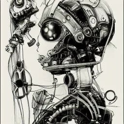 great illustrator, spanish, pencil sketch of a cute girl, beautiful, steampunk syle, black and white. Helmet with tubes. venetian dress. Machinery in the background. robotic bird fkying. High details.