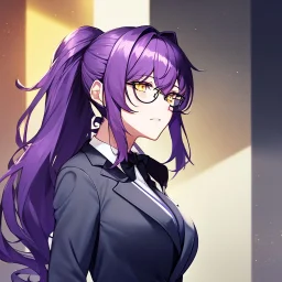 girl, masterpiece, best quality, volumetric lighting, detailed outfit, perfect eyes, vibrant colors, purple hair, long hair, vibrant golden eyes, office clothes, black glasses, messy hair, beautiful eyelashes, ponytail,