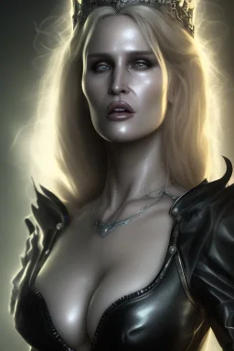 Daryl Hannah as evil queen in black leather, busty, cleavage, angry, stern look. character design by fenghua zhong. unreal engine 5, artistic lighting, highly detailed, photorealistic, fantasy