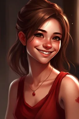 gamer, woman, brown hair, short fluffy ponytail, smile, brown eyes, red dress
