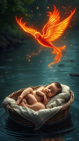 A baby sleeping in side a basket bed that is floating in the river and an beautiful fiery with sparkling wings flying over him