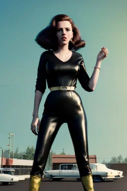 retro portrait image from 1960, supermarket parking explosion, long hair, young Scarlett Johansson, classic black tight lycra suit, gold bracelet and belt, high heel boots, soft color, highly detailed, unreal engine 5, ray tracing, RTX, lumen lighting, ultra detail, volumetric lighting, 3d, finely drawn, high definition, high resolution.