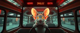 bus driving happy 2d neon fluffy rat elf scumbag in the style of Escher and Giger and Fallout 4, pinhole cam, airbrush 3d rendering, on tv screen:A five-second cinematic single take in a clean industrial presentation hall.