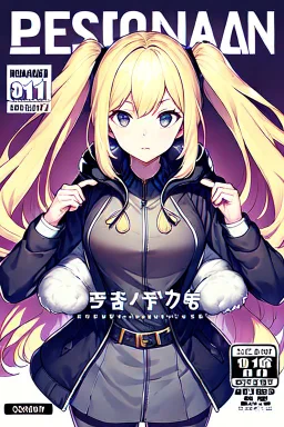 blonde girl with hair with two tails waring jacket, line arts, manga cover