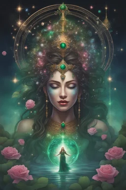 The beautiful goddess of healing and well-being stands on a land of pure water embellished with emeralds. And glass rose trees. And a name. Colored with stars and planets