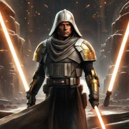 star wars bald male corellian jedi pilot wearing black and gunmetal grey old republic armored robes with gold trim, alone, battle-ready Jedi Master defending a ruined ancient city surrounded by golden light, centered head and shoulders portrait, hyperdetailed, dynamic lighting, hyperdetailed background, 8k resolution, volumetric lighting, light skin, fully symmetric details