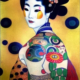 dibujo al oleo de cuerpo entero de una Geisha bella con tatuajes maorís estilo Gustav Klimt