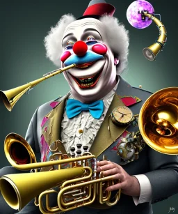 mechanoid happy old friendly fat clown playing jazz with a steampunk theme, trumpet, realistic