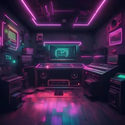 Hyper Realistic Rustic Hip-Hop Music Studio with dark futuristic & Neon-Glitched background