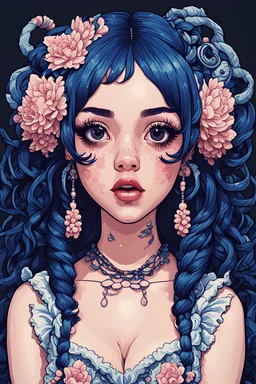 singer Melanie Martinez face, beautiful cyberpunk huge girl, hyperdetailed, illustration by Katsushika Hokusai, darkblue tones, 8bits, pixel art,