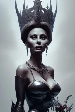 Sophia Loren as evil queen in black leather, cleavage, angry, stern look. character design by cory loftis, fenghua zhong, ryohei hase, ismail inceoglu and ruan jia. unreal engine 5, artistic lighting, highly detailed, photorealistic, fantasy