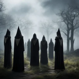 A silent gathering breathes beneath hidden skies, where masked figures rise like living runes— tall, pointed visages stretched beyond the human, each face an unknown archetype, each body a question carved in ceremony. They stand together, yet alone in their own enigma, balanced on the thin veil between name and namelessness.