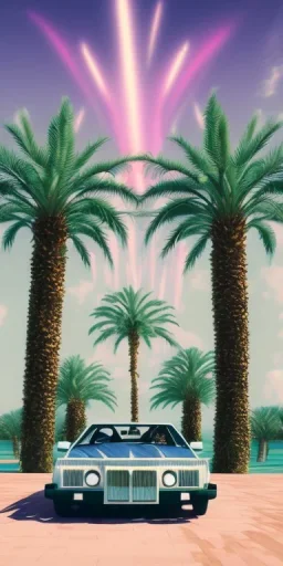 1980's aesthetic vaporwave palm trees with spheres and car