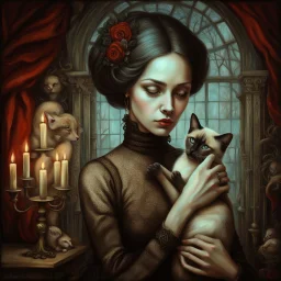 woman with Siamese cat in Gothic, Realism, Romantism, GothicNeo, Surrealism.