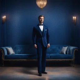 Hyper Realistic Handsome-Muscular-Man-with-little-smile Wearing Navy-Blue-Velvet-Tuxedo standing in a dark-room with blue-patterned-vintage-wall & glowing-blue-water on the floor with fancy-navy-blue-couch-&-fancy-lamps-on-wall