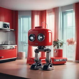 Creates ultra-realistic retro photography of a robot made with the aesthetics of a red SMEG toaster inside a room decorated in 1970's high resolution 8k cinematic lighting.