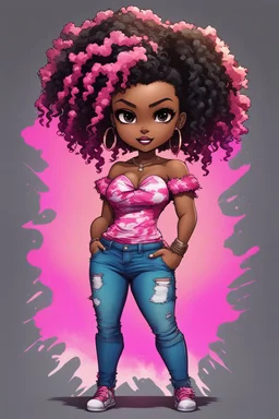 create a colorful abstract comic book art image 8k of a chibi curvy black female wearing torn jeans pants with fringe on the side and a pink-tie dye off the shoulder blouse. Prominent make up with hazel eyes. Highly detailed lonG CURLY PONYTAIL