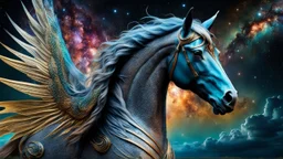 horse-dragon stunning weird hybrid , ghostly wings, symmetrical, galaxy, stars, fantasy, sci-fi, detailed, masterpiece intricate detail, deep colors, hight textures, glitch, metallic shine, sharp focus, 64 megapixels, surreal fantasy mood