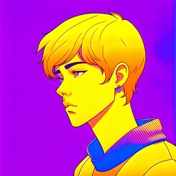 retro anime style,yellow and purple,young man with short hair,lost in thought