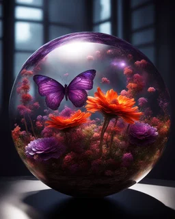 A butterfly garden inside a floating glass sphere orbiting a gas giant: The garden is now contained in a transparent sphere floating in space, orbiting a massive, colorful gas giant planet with swirling storms of red, orange, and purple. The butterflies, with wings of metallic shimmer, fly gracefully through the zero-gravity environment, while enormous, otherworldly flowers bloom inside the sphere. Visitors float gently through the air, surrounded by swirling clouds of pollen