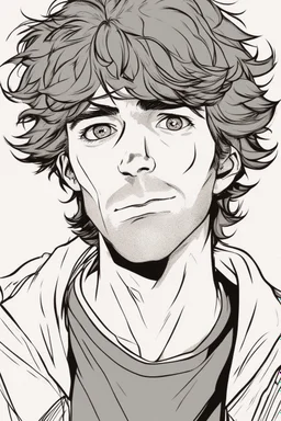 young man with scruffy hair, stubble and a judgmental look on his face comic book style