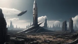 A small, long, sleek Spacecraft in a ruined alien city, surrounded by tall damaged buildings, clear sky, small white clouds, photorealistic