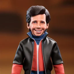 wide view young Fonzie with blackhair toy Action figure doll 1975 realistic (thumbs-up) (face) Forehead grin, fonzarelli, jukebox background, eyes