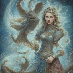 A smiling witch with a beautiful face and full and detailed details performing magic of water, fire, wind and earth with a wooden and crystal wand shining in various colors with a background of large and beautiful dragons flying in an azure sky, with Full details, Ismailoglu, Van Gogh, post-apocalyptic, fantasy, imaginary, 8K, 16K,