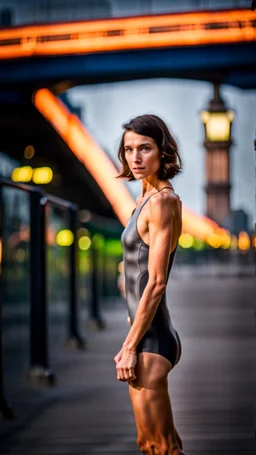 beautiful anorexic young woman, total shot, short shiny anthracite triathlon swimsuit, short brunette wavy bob hair, blurred city background