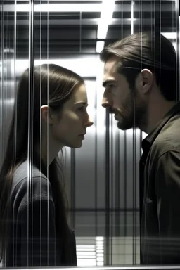 A woman and a man separated by a glass wall prevents the girl from crossing to the man her hair is long black Photorealistic