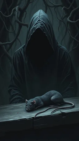 A hooded black shadow creature with no face in the background of black vein, human veins, mixing together a lot of them, like a forest, big an ball small veins a lot of them, a dead rat sleeping on an old broken table