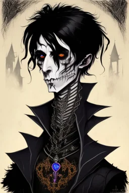 black haired young man necromancer wizard with gothic jewelry in the style of clive barker