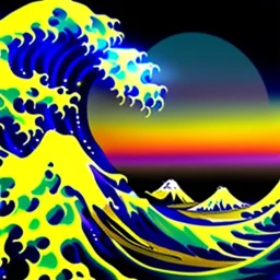 The great wave of kanagawa painted with clouds of colours,ystical colors ,perfectly centered image, perfect composition, rim light, beautiful lighting,masterpiece ,8k, stunning scene, raytracing, anatomically correct, in the style of Simon Bisley and Ohrai Noriyoshi and robert e howard and Steve Jung and Wizyakuza and uncannyknack