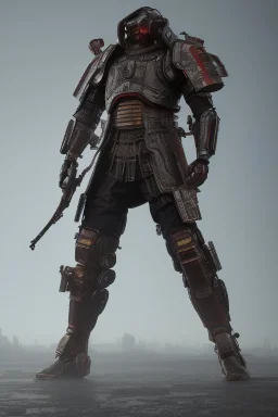 Fully armored cyberpunk samurai, photorealistic