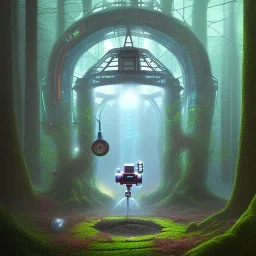 spray painting fantasy art, robot falling through glass standing in portal to wet forest world from city world,poetry book illustration