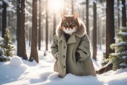 Cat in Wellensteyn coat, winter forest, pine trees, snowing, in sunshine