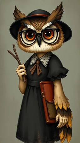 Bsosh paining style an owl dress black like a school teacher and a glasses holding a stick in her hand