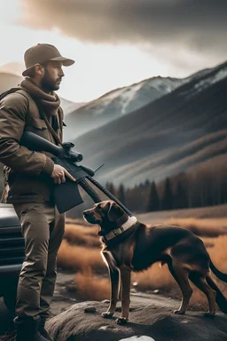 Hunter with his dog holding rifle next to SUV looking at mountains