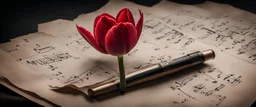 Hyper realistic red tulip on the side of a vintage paper with harmonica instrument & small musical notes with dark background