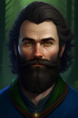 Full colour portrait of a lithe 35-year old white man with brown hair, grey eyes, and a brown beard, wearing dark blue and green; fantasy setting