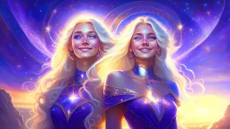 Full body portrait of a peaceful smiling gorgeous blonde Goddess of the galaxies with a blue indigo purple skin, high skul, luminous eyes in a galactic sunset